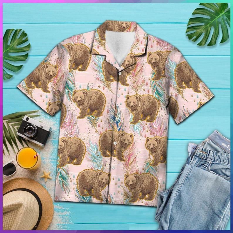 Bear Boho Feather Brown Pink Nice Design Hawaiian Shirt Dhc18064435