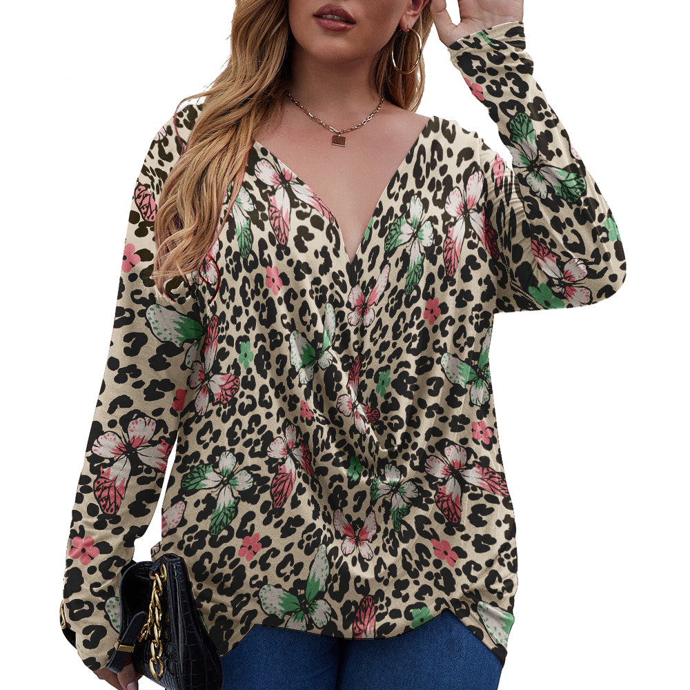 Butterflies On Leopard Dots V-Neck Long Sleeve Plus Size T-Shirt