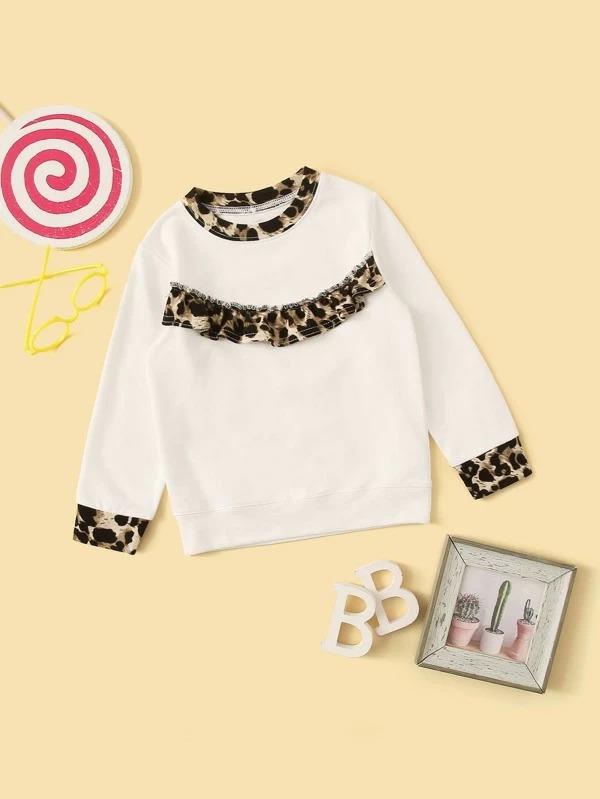 Toddler Girls Leopard Panel Ruffle Trim Sweatshirt