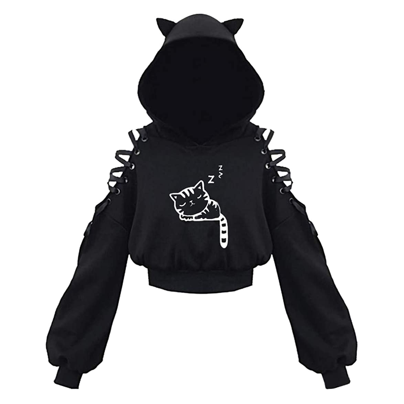 Vintage Women Long Sleeve Hoodies Kawaii Cat Ears Hoodie Y2K Gothic Punk Harajuku Cold Shouler Bandage Gothic Black Sweatshirts alx