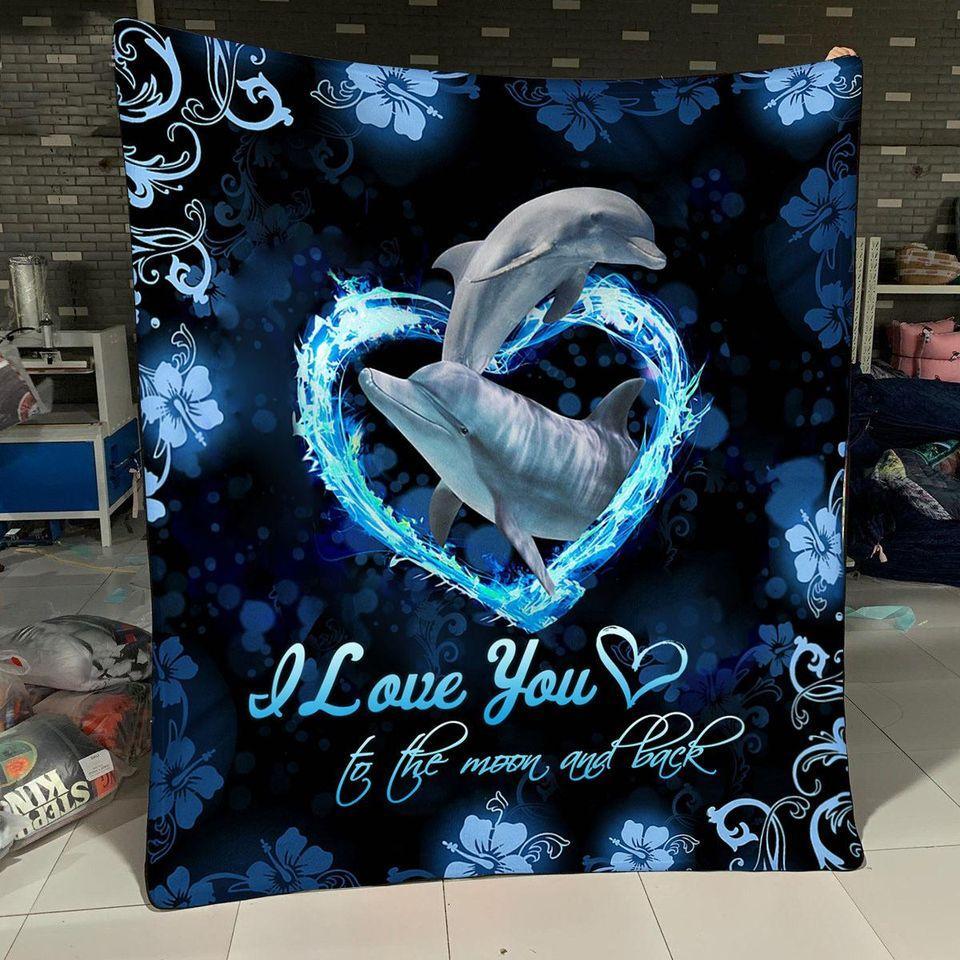 Dolphin I Love You To The Moon And Back Fleece Blanket – Quilt Blanket Fleece Blanket, Blanket Sofa Bed, 3D Blanket