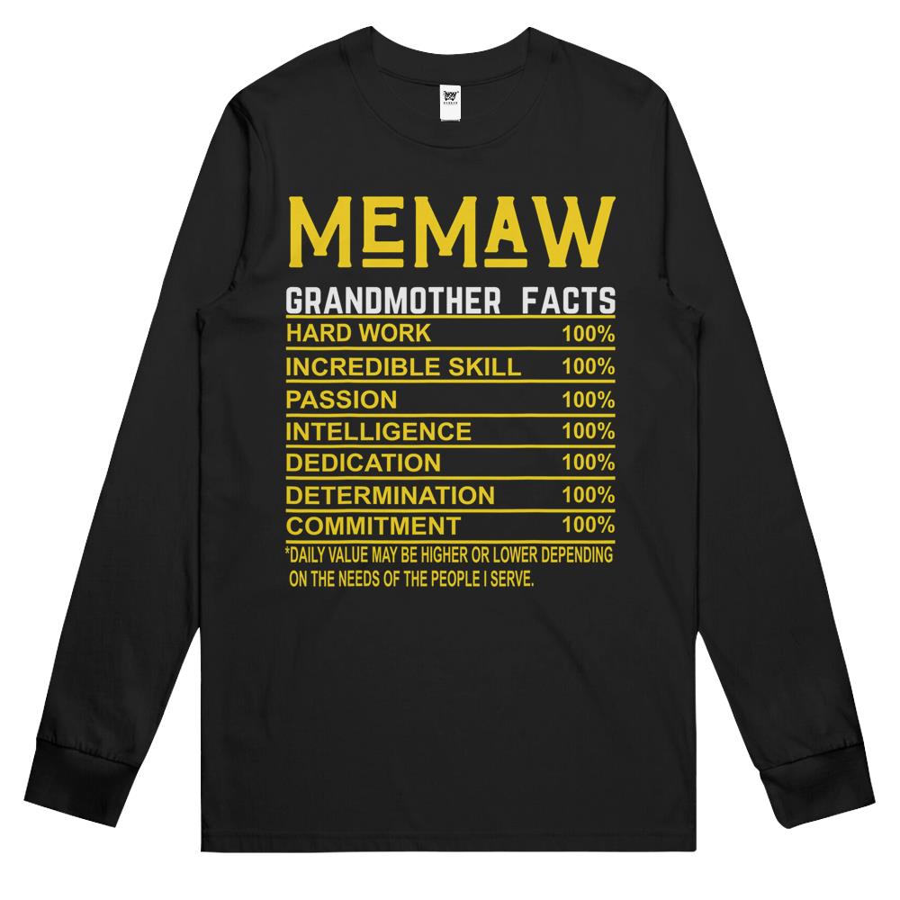 Nutritional Facts Shirt, Nutrition Facts Long Sleeve T Shirts, Memaw Grandmother Facts Funny Nutritional Fact Long Sleeve T Shirts
