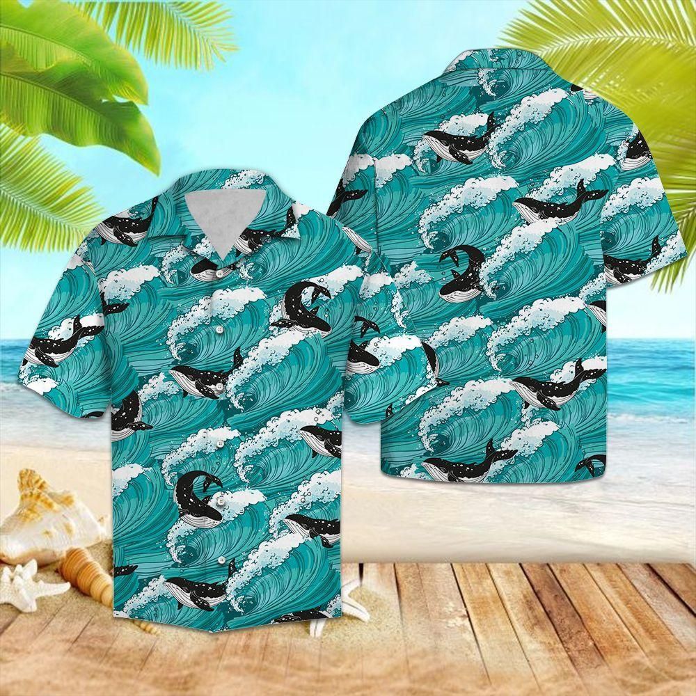 Whale Sea Waves Aloha Hawaiian Shirt Colorful Short Sleeve Summer Beach Casual Shirt For Men And Women