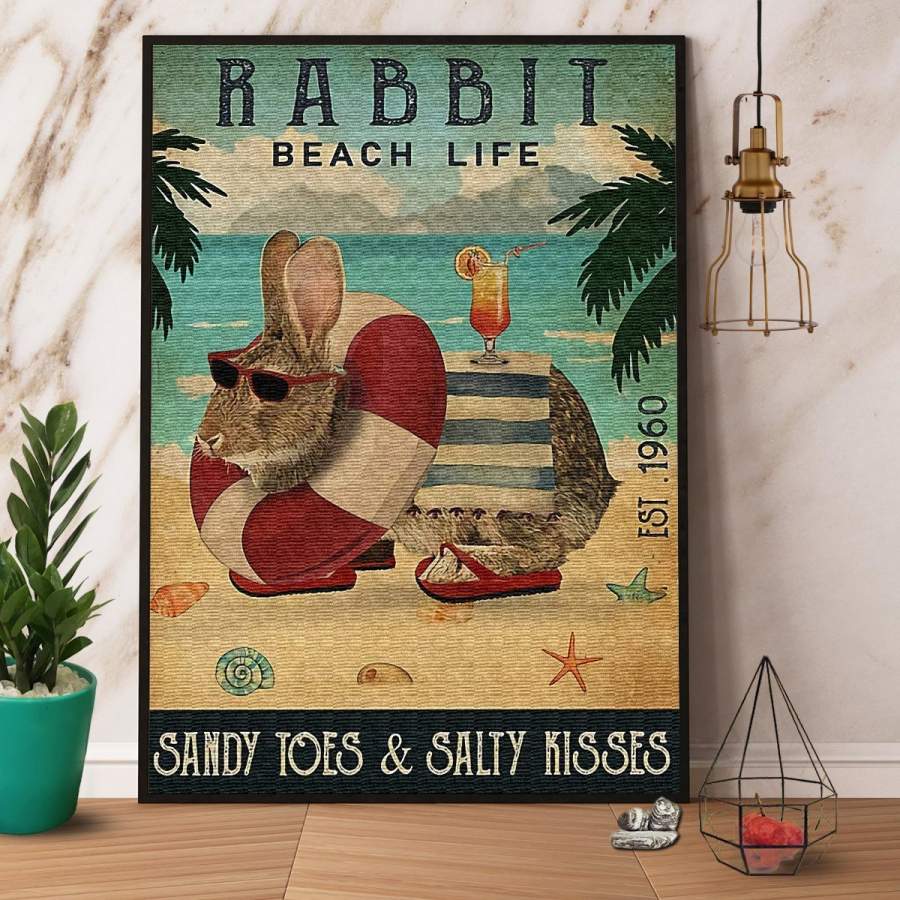 Rabbit Beach Life Sandy Toes & Salty Kisses Paper Poster No Frame/ Wrapped Canvas Wall Decor Full Size