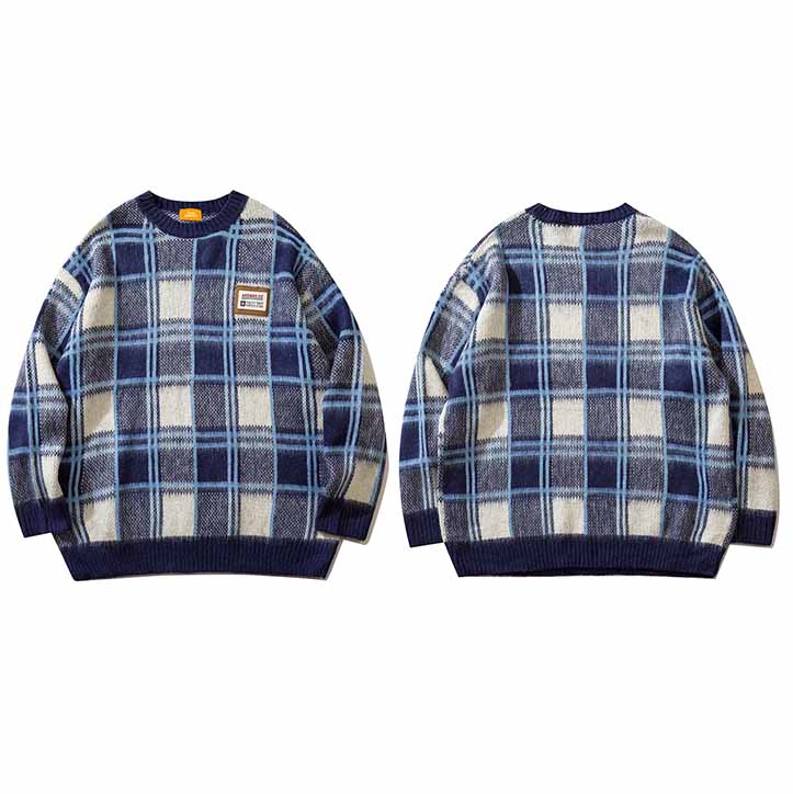 2022 Retro Plaid Sweater Streetwear Men Women Knitted Sweater Hip Hop Vintage Pullover Autumn Cotton Checkered Sweater Harajuku alx