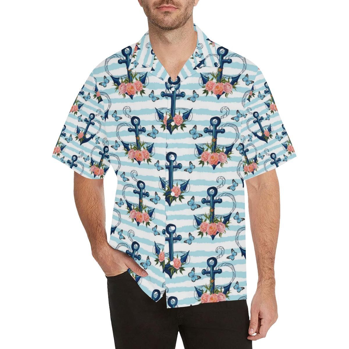 Anchor Flower Blue Stripe Pattern Men’S All Over Print Hawaiian Shirt