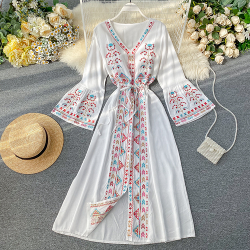 Vintage Bohemian 2022 Spring Indie Folk V-neck Belt lace up Slim Women Long Elegant Dress alx