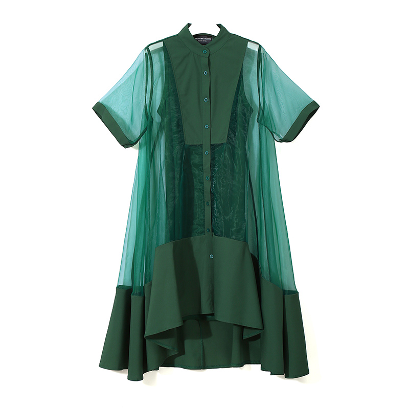 Two Pieces Woman Summer Green Black Midi Transparent Mesh Shirt Dress Set Plus Size Casual Sheer Organza Party Dresses Robe 2564 alx