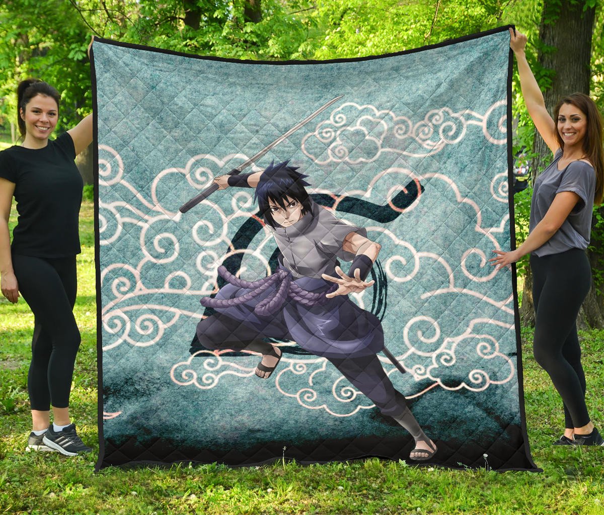 Naruto Anime Sasuke Uchiha Cloud Pattern Blue Theme Premium Quilt Blanket