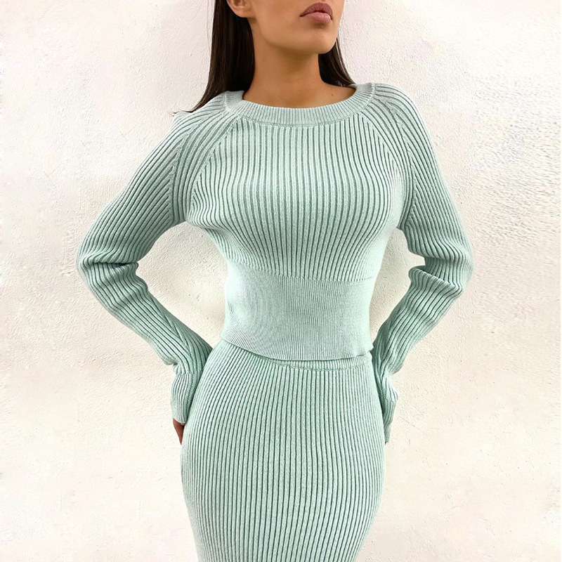 Autumn and Winter New 2021 Fashion Casual Slim Irregular Solid Color Knitted Coat Skirt Two-Piece Set Sweater Suit alx