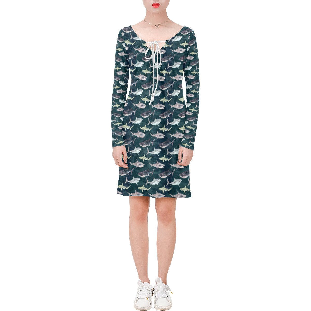 Shark Pattern Print Long Sleeves Dress