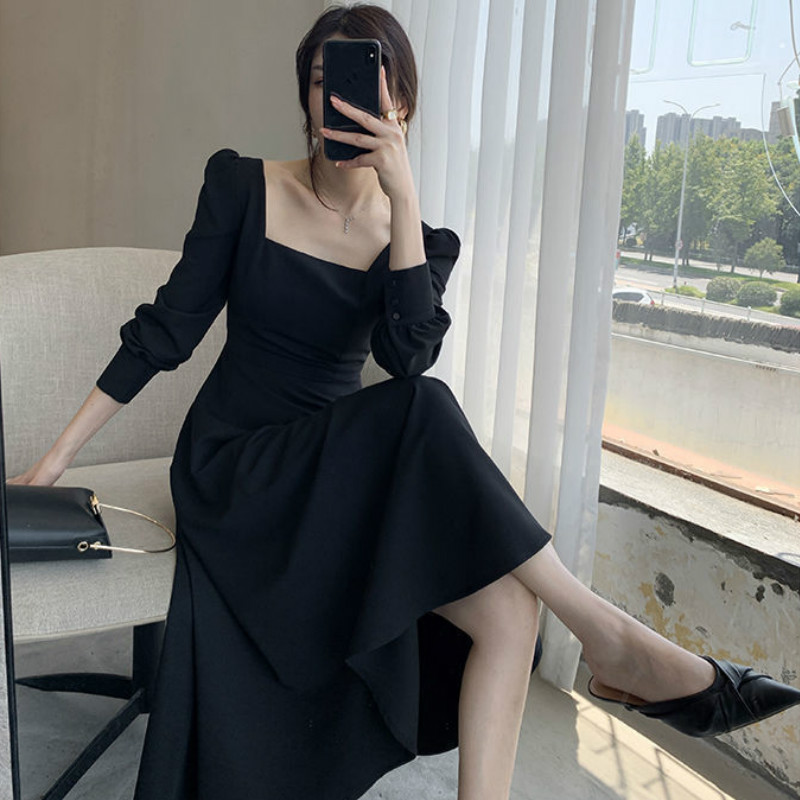 Solid Dress Women Square Collar Temperament Romantic Elegant Long Sleeve Ladies Vintage Midi Chic Slim French Style Female Ins alx