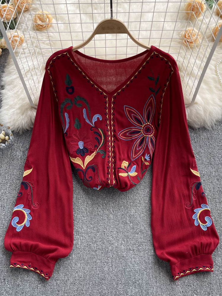 Bohemian Blouse Embroidered Top Spring Summer New V-neck Loose Lantern Sleeves Ethnic Cotton Linen Shirt Tide Female Blusa D1105 alx