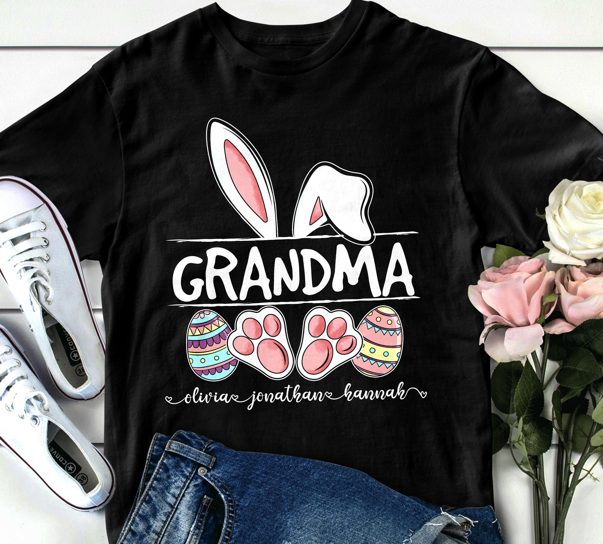 Personalized T-Shirt For Grandma Easter Bunny With Colorful Eggs Printed Custom Grandkids Name Happy Easter Day Shirt