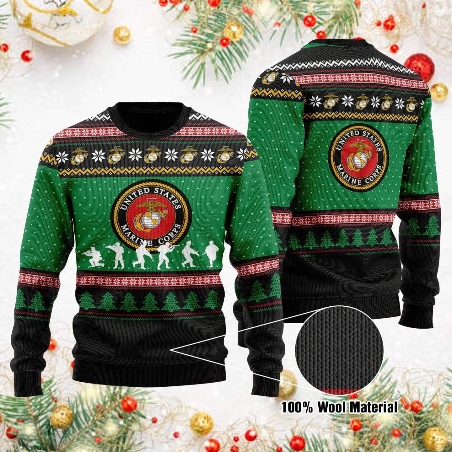 Veteran Sweater Us Marine Corps Seal Green Black Christmas Pattern Veteran Ugly Sweater