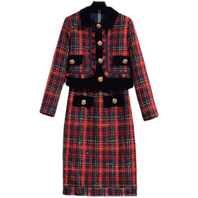 2021 New Autumn Runway Tweed 2 Piece Set Skirt Winter Women Red Plaid Jacket Coat+High Waist Long Tassel Sequin Wool Blend Suits alx