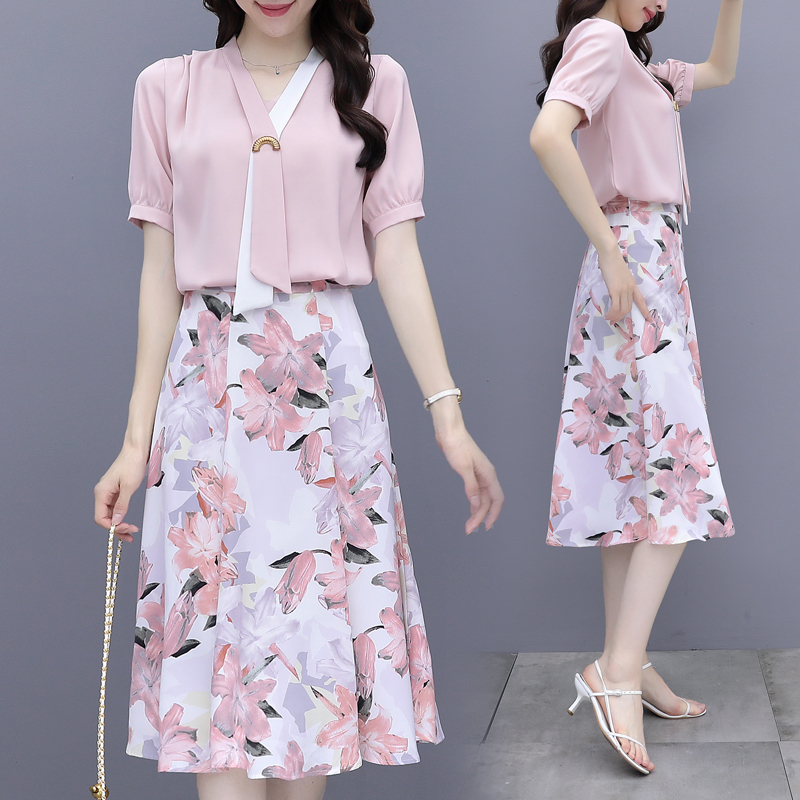 Women Summer Clothes Set Short Sleeve V-neck Ribbon Top High Waist Floral Print A-line Mid Lenght Skirt Female Two Piece Sets alx