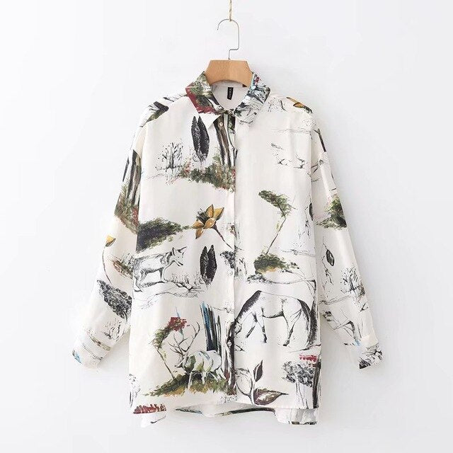 Casual Long Sleeve Animal Landscape Print White Top Shirt Blouse