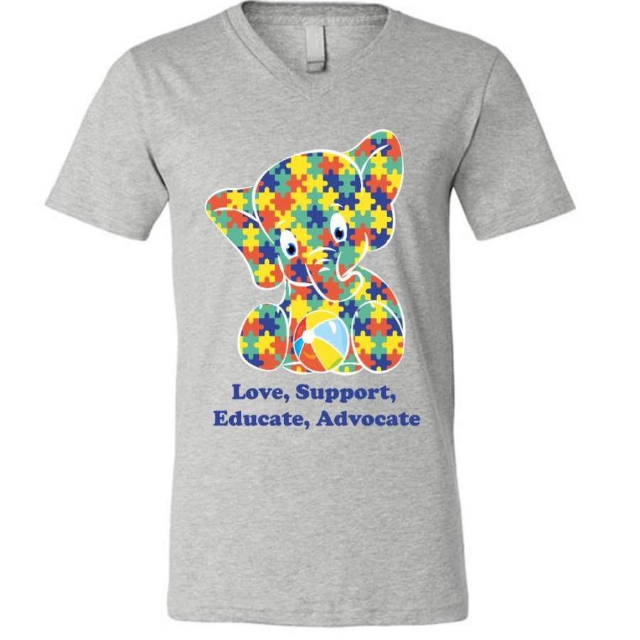 Autism Elephant Strong Love Support Educate Advocate – Canvas Unisex V-Neck Shirt