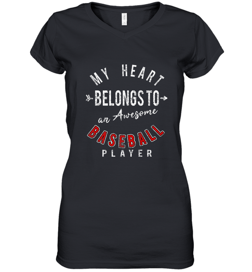 My Heart Belongs To A Baseball Player Valentines Day Women’s V-Neck T-Shirt