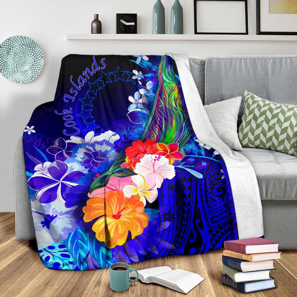 Cook Islands Premium Blanket – Humpback Whale with Tropical Flowers (Blue)- BN18