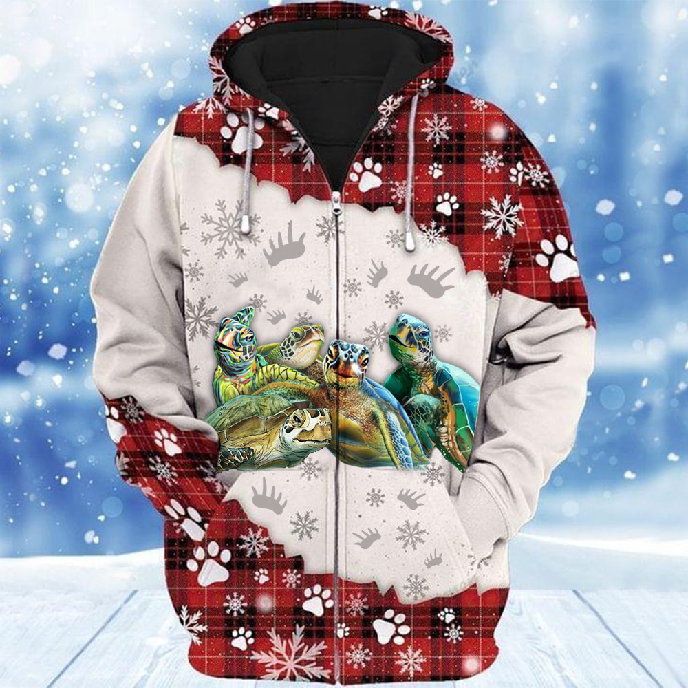 Turtle Sea Merry Xmas Buffalo Plaid Leopard Zip Hoodie Turtle Lovers Christmas Apparel