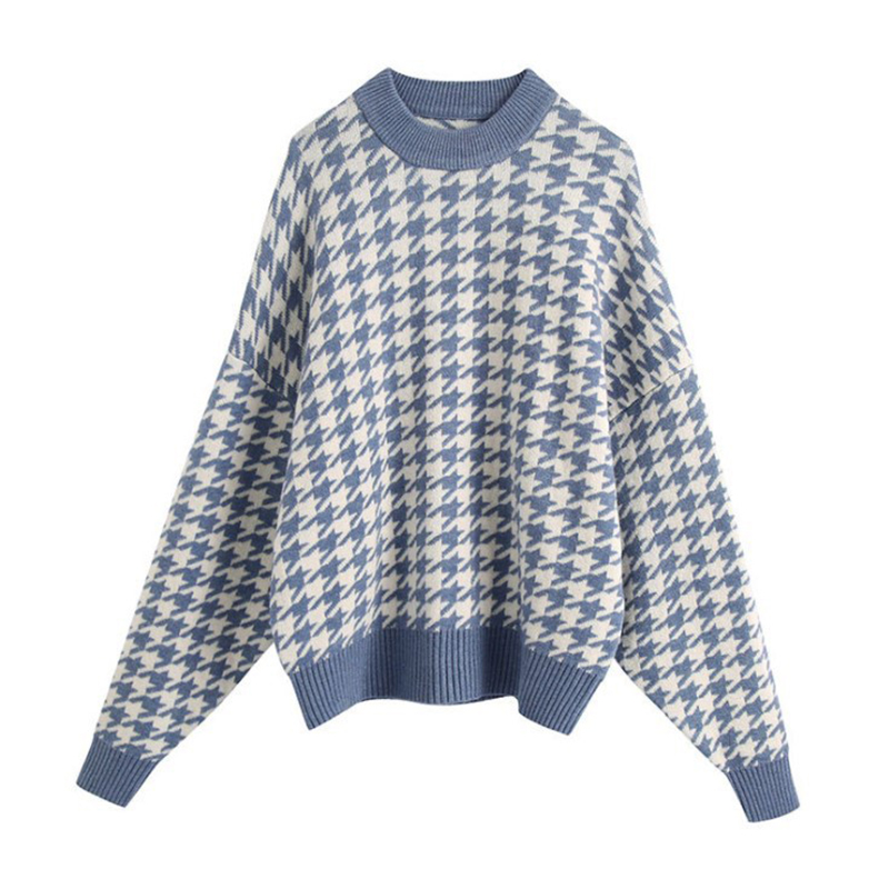 2021 Fashion Houndstooth Loose Women Sweater Literary Retro Pullover Sweater O Neck Long Sleeve Tops Autumn Winter Retro Jumper alx