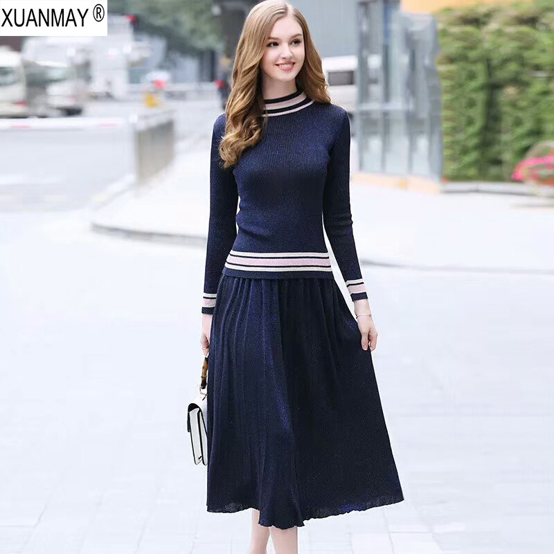 Autumn knit tops sweater skirts Up and down Two-piece Vintage style Long-sleeved Pullover sweater and Skirt Autumn women’s suit alx