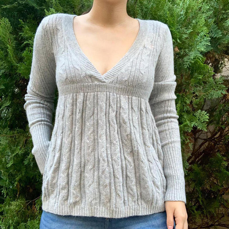 Xingqing Women Preppy Style Knitted Pullovers Gray Casual V Neck Long Sleeve Tops Autumn Winter Sweaters Vintage Clothes alx