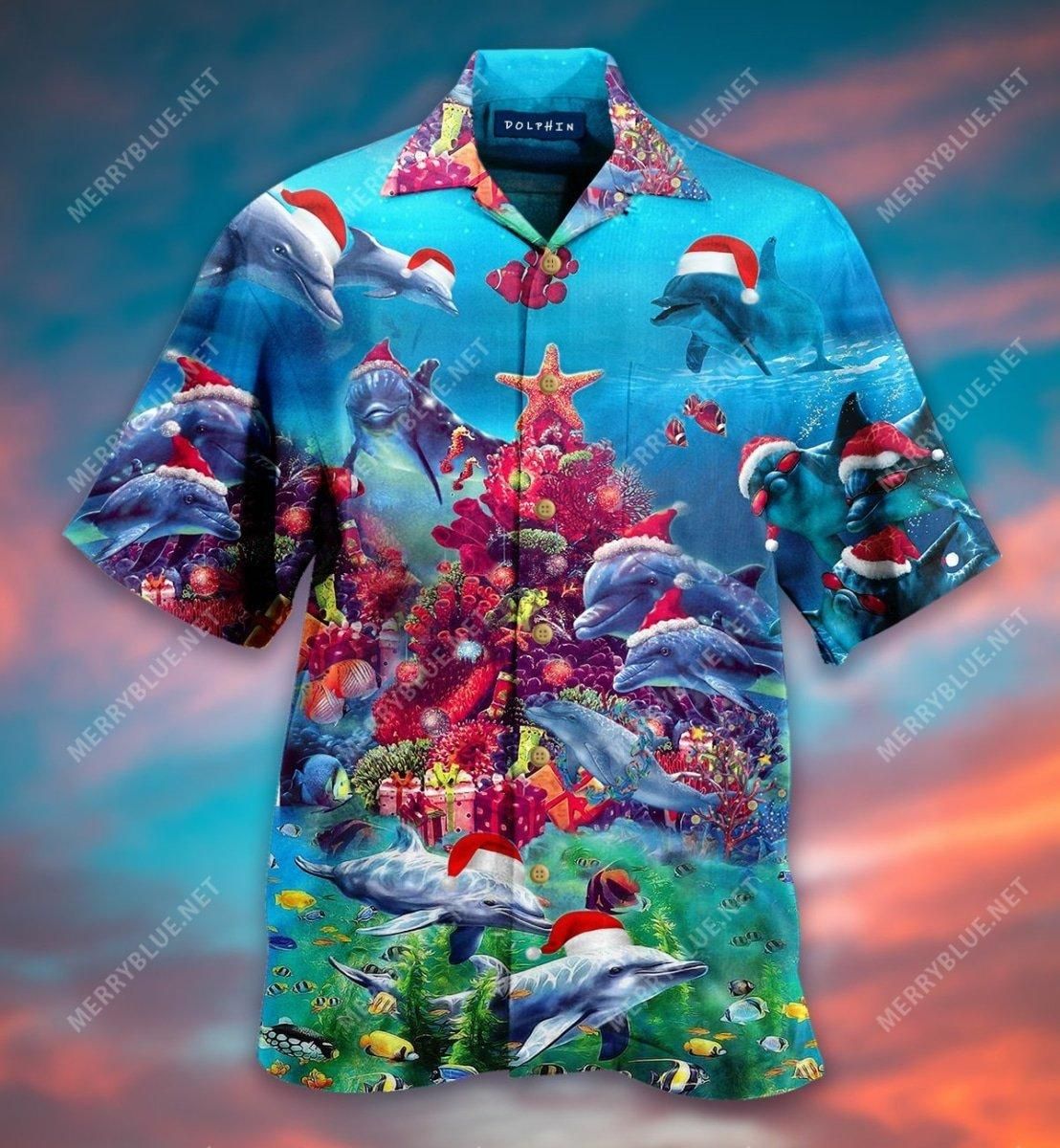 Dolphin Merry Christmas Aloha Hawaiian Shirt Colorful Short Sleeve Summer Beach Casual Shirt For Men And Women