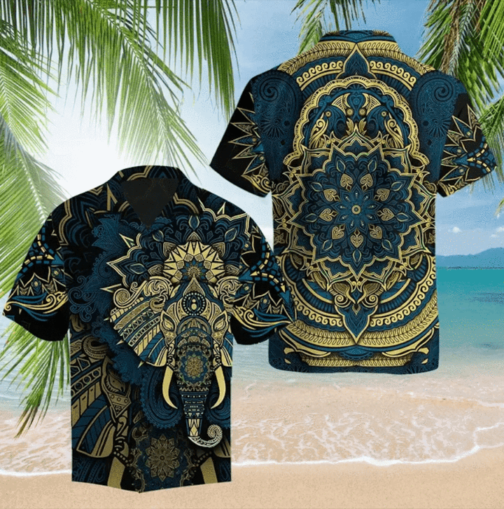 Royal Elephant Mandala Golden Turquoise Hawaiian Shirt Pre10410