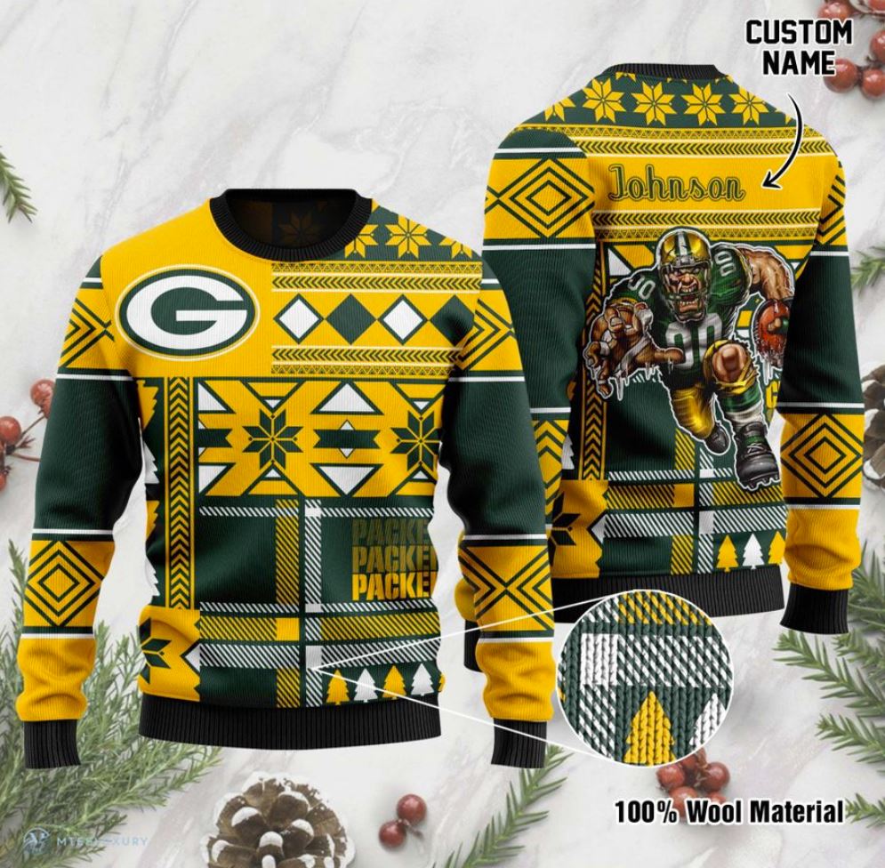 Personalized Green Bay Packers Gift For Fan Ugly Wool Sweater Christmas V2