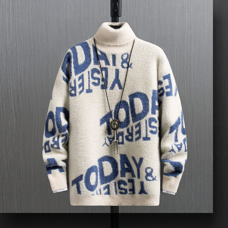 3 Colors Letter Print Turtleneck Pullover Sweater Warm Comfort Cashmere Sweater Men Pull Homme Jerseys Hombre Invierno alx