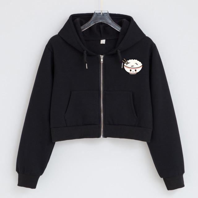 Happy Riceo The Rice Bowl Cropped Zip Up Soft Hoodies