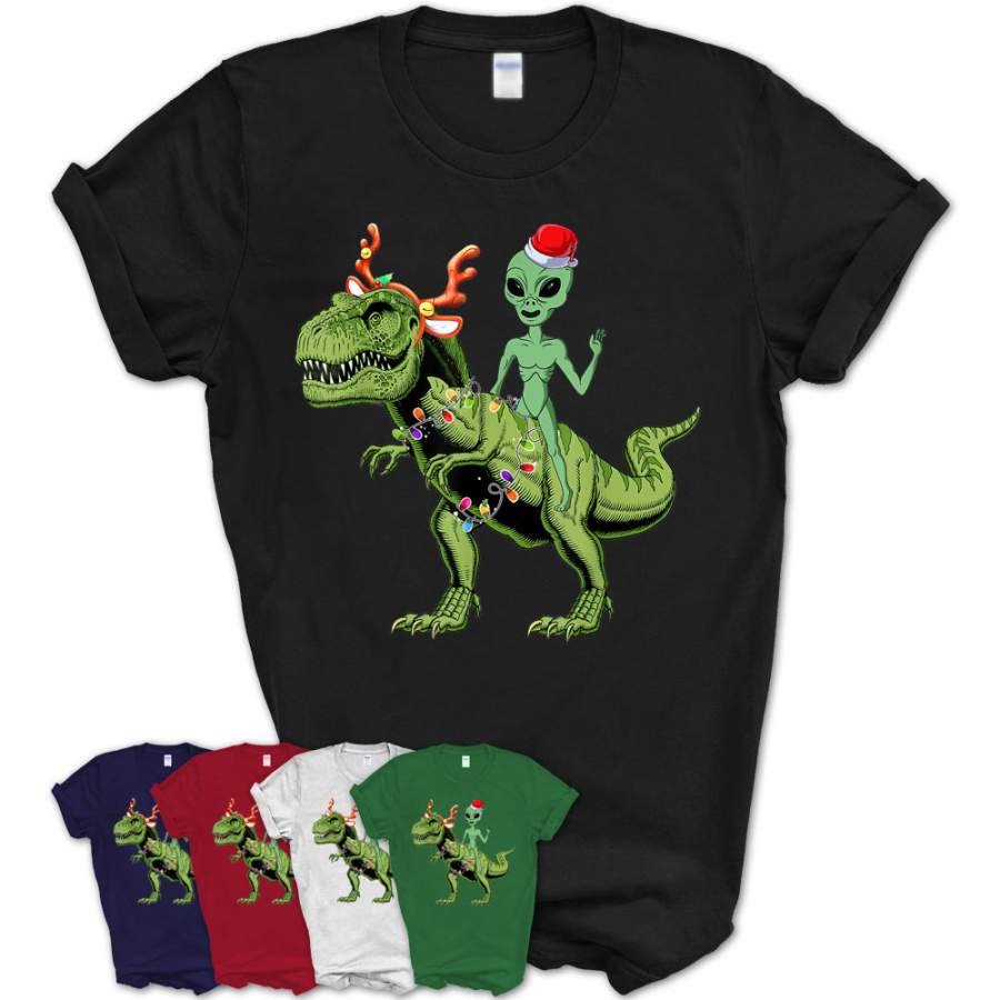 Boy Kid Santa Alien Riding T-Rex Dinosaur Christmas Lights T-Shirt – Teezou Store