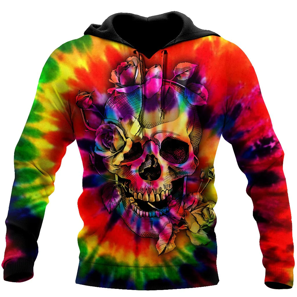 Tie Dye Skulls Hoodie For Men And Women Colorful Skull Rose Hoodie