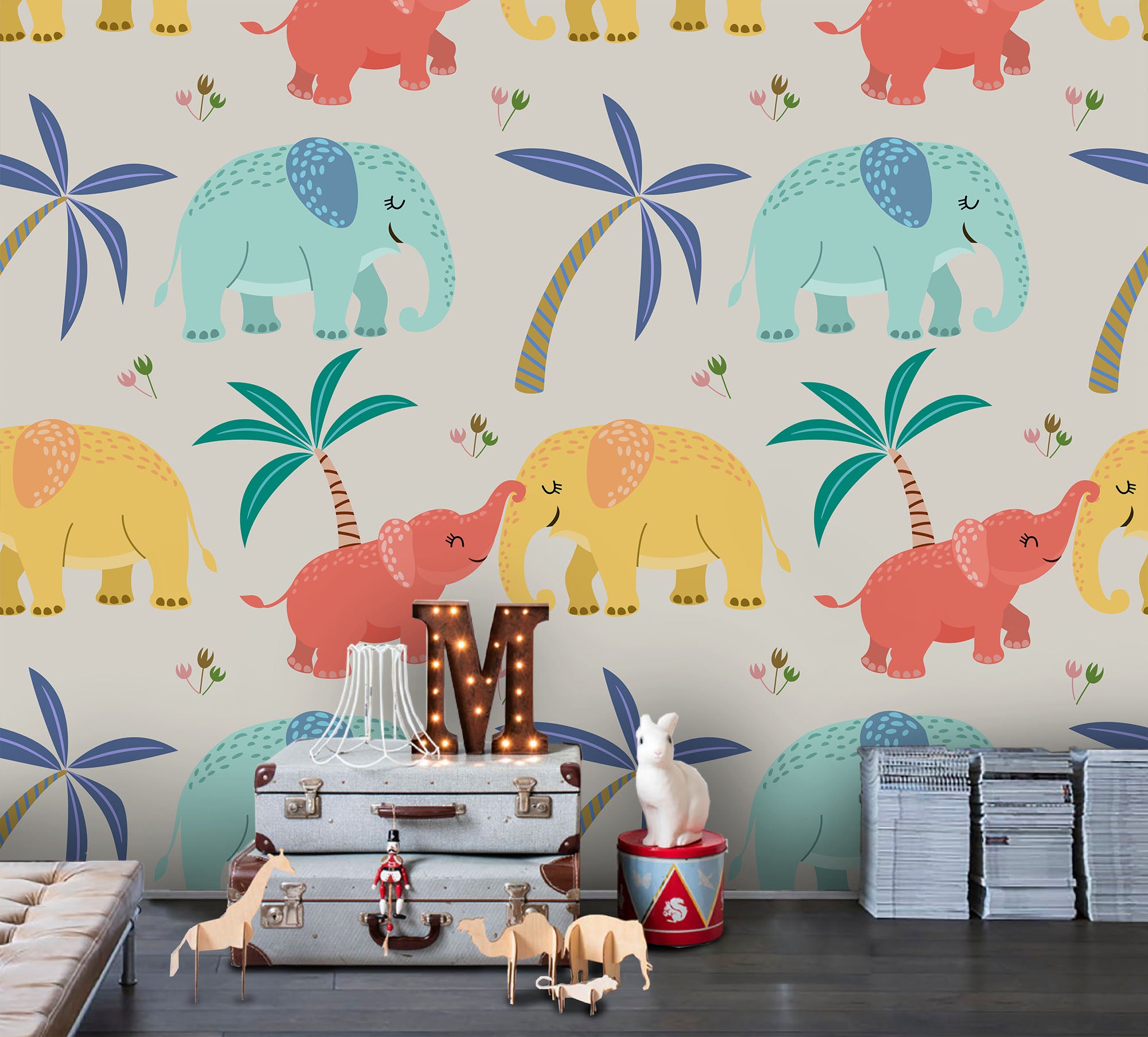 3D Cartoon Color Elephant Coconut Tree Wall Mural Wallpaper A192 Lqh