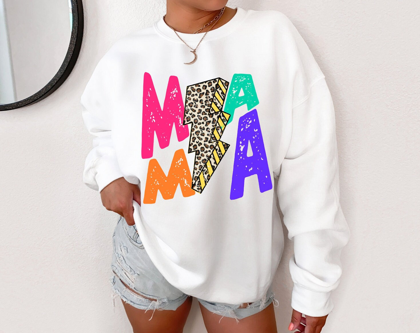 Mama Sweatshirt – Mama Leopard Distressed Print Sweatshirt – Mother’s Day Gift – Mama Lightning Bolt Sweatshirt – Mom Birthday Gift