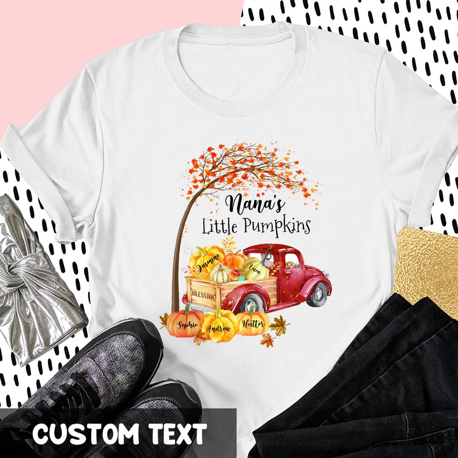 Personalized T-Shirt For Grandma Nana'S Little Pumpkins Red Truck