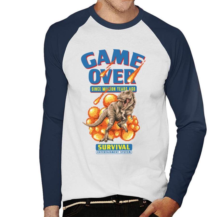 Retro Pixel Game Over Dinosaur Survival Men’s Baseball Long Sleeved T-Shirt