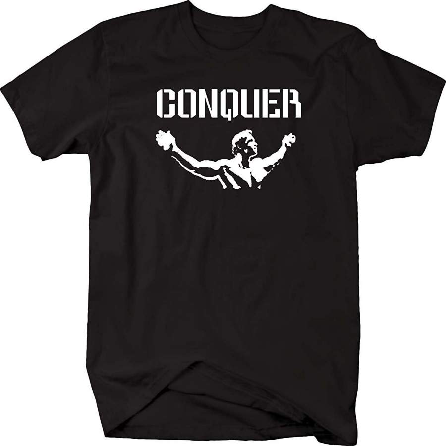 Arnold Quote Conquer Pose Gym Body Building Workout Mens T Shirt