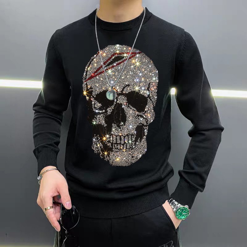 2021 New Design Men’s Sweater Hot Diamond Pattern Shiny Skull Sports Fitness Warm Top Plus Size alx