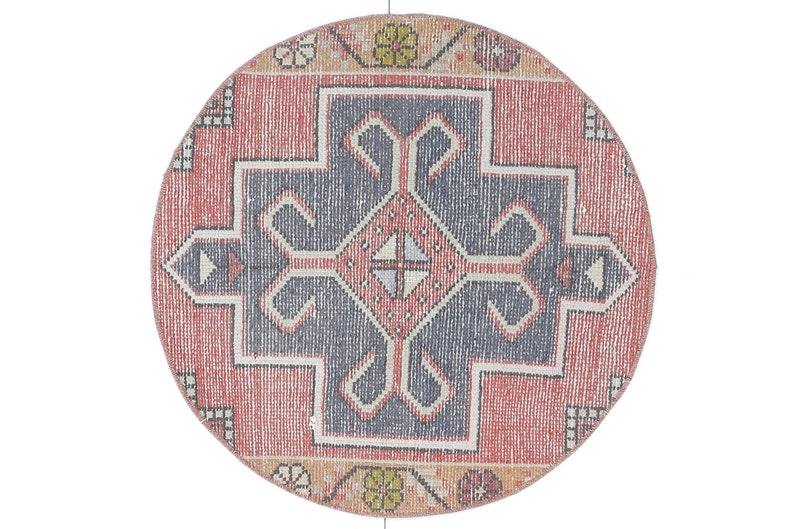 Turkish Vintage Oushak Round Rug, Door Mat Small Carpet, Wool Red Ethnic Doormat Mini Rugs