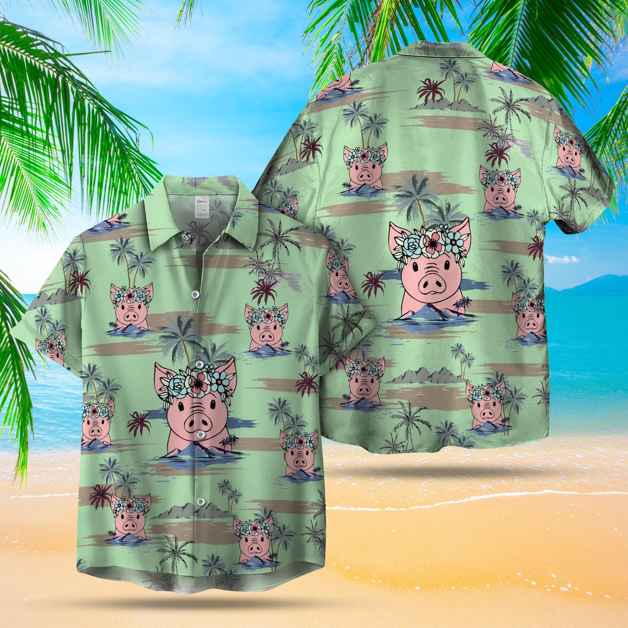 Pig Island Cartoon Hawaii Unisex Print Aloha Short Sleeve Casual Shirt Ha90498