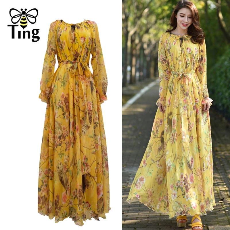 Tingfly Women Long Maxi Boho Dress New Summer Floral Beach Long Loose Evening Party Long Sleeve PLus Size Oversized Dress alx