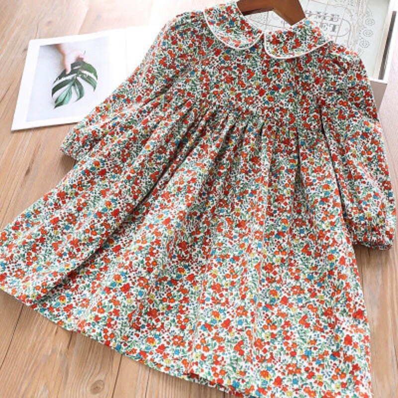 Spring Autumn Girls’ Dress Korean Style Lapel Floral Long-Sleeved Collar Sweet Doll Princess Dress Baby Kids Children’S Clothing alx