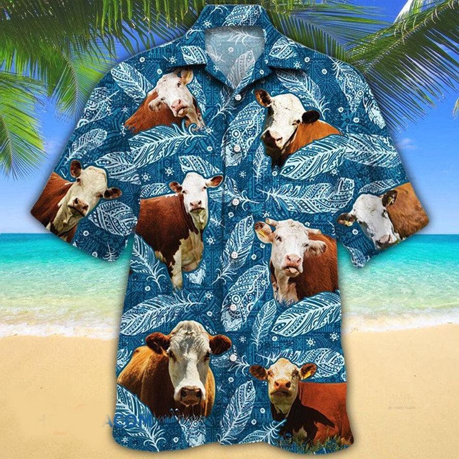 Hereford Cattle Lovers Blue Feather Hawaiian Shirt Ha73658