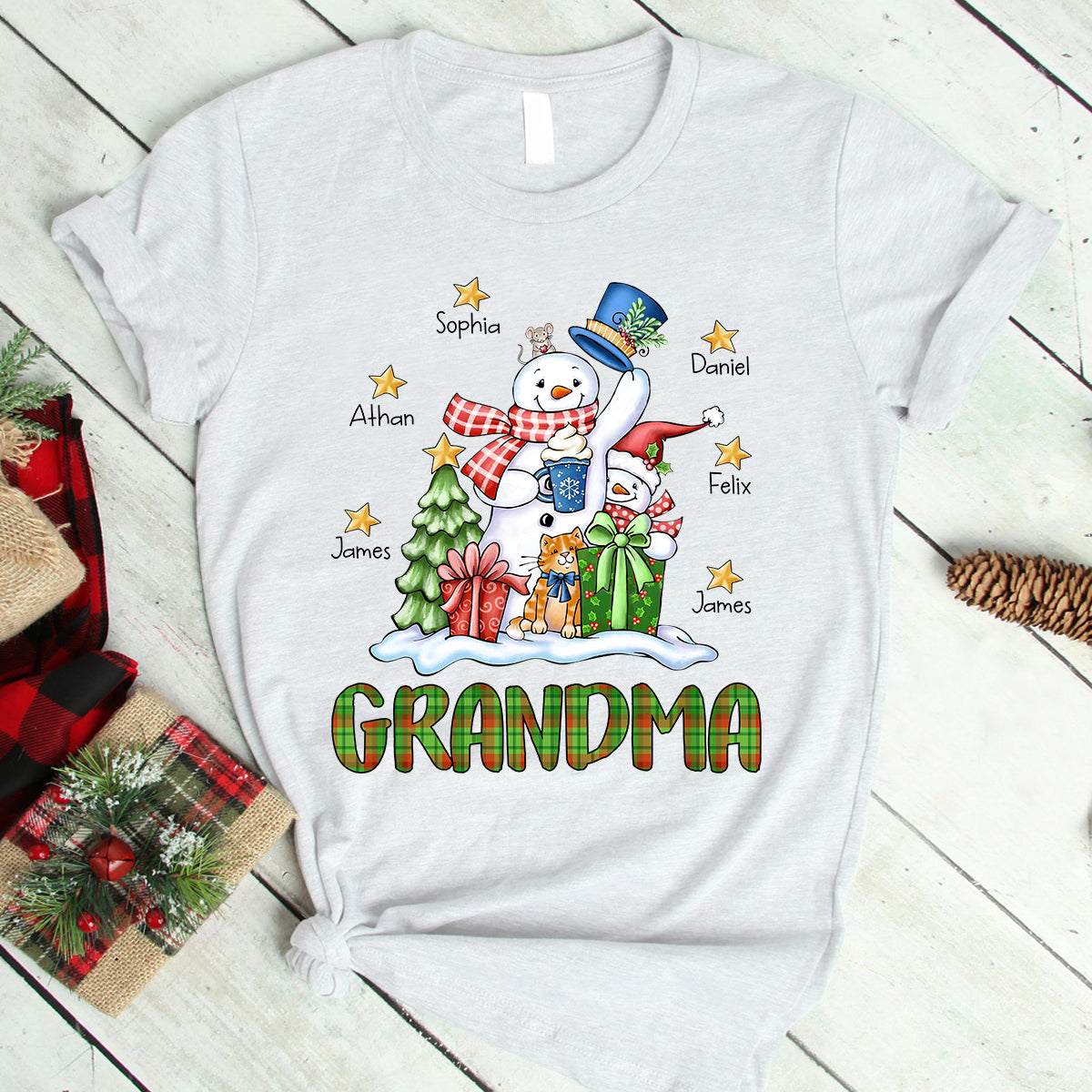 Personalized Grandma Christmas Snowman Shirt, Mimi Nana Grandma Christmas Shirt, Grandma Custom Kids Names Gift