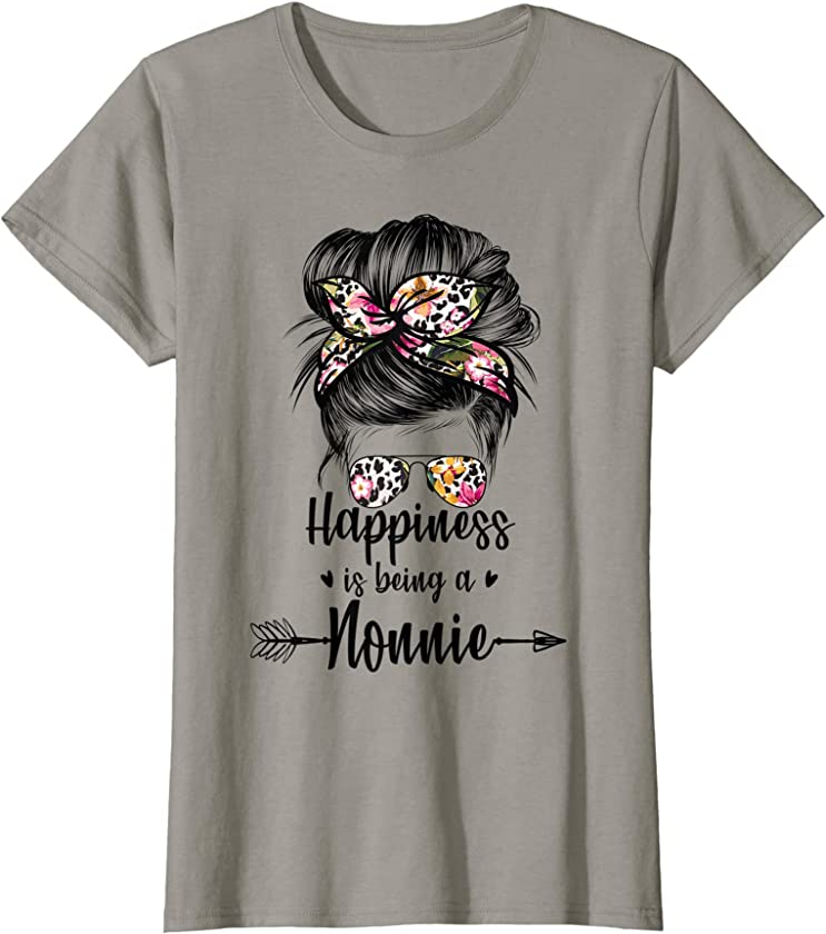 Womens Happiness is being a Nonnie Messy Bun Leopard Mother’s Day T-Shirt