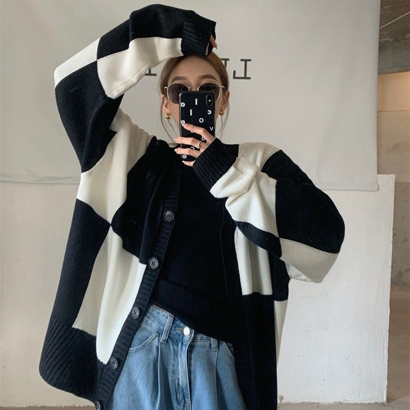 Cardigan Women Sweater Autumn Patchwork Simple Female Streetwear Warm Basic All-match Loose Ulzzang V-neck Clothing Classic New alx